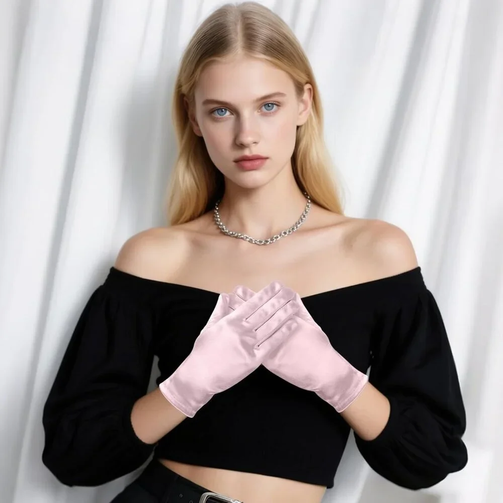 Women's Formal Short Pink Satin Gloves Bridal Wedding Banquet Party Costume